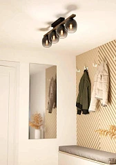 900185 Потолочный светильник FILAGO, 4x40W, E27, L880, B145, H250, сталь, дерево, черный, коричневый/стекло, темно-серый полупрозрачный