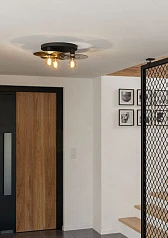 44027 Потолочная люстра LINTMILL, 3х40W (E27), H200, ?530, сталь, черный, брашированная латунь / стекло, серый в интерьере