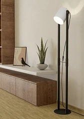 43429 Торшер HORNWOOD 1 с ножн. выкл., 1х28W (E27), L215, H1395, осн.?230, сталь, дерево, черный/тек в интерьере