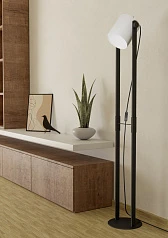 43429 Торшер HORNWOOD 1 с ножн. выкл., 1х28W (E27), L215, H1395, осн.?230, сталь, дерево, черный/тек в интерьере